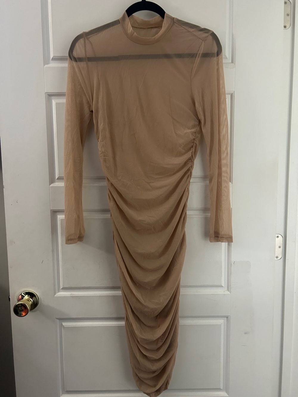 Sheer Long-Sleeve Ruched Beige Midi Dress